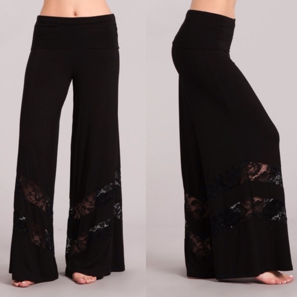 016 Boho Black Wide Leg Palazzo Lace Detail Lounge Pants - Picture 1 of 4